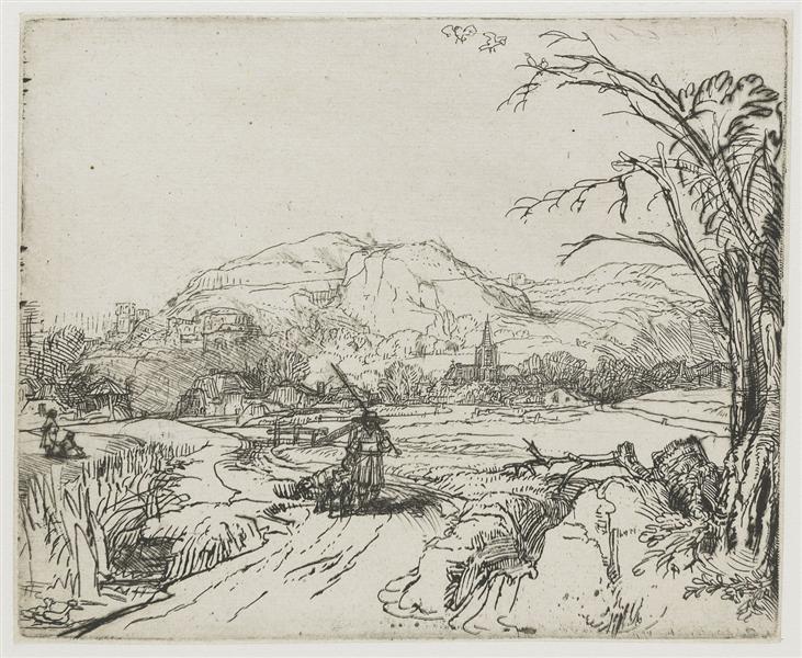 Landscape with a shepherd and a dog, 1653 - Рембрандт