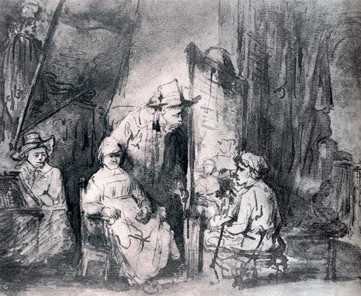 Studio Scene With Sitters, 1650 - Рембрандт