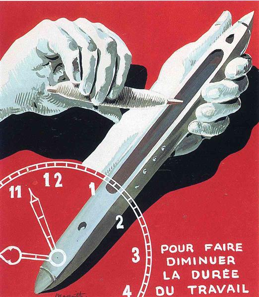 Project of poster "The center of textile workers in Belgium (to reduce working hours)", 1938 - 雷內‧馬格利特