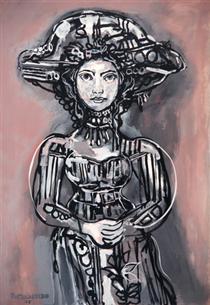 Lady with Hat in Gray-Pink Background - Rene Portocarrero