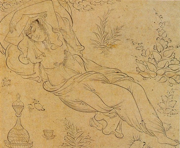 Reclining woman, 1595 - Риза-йи-Аббаси