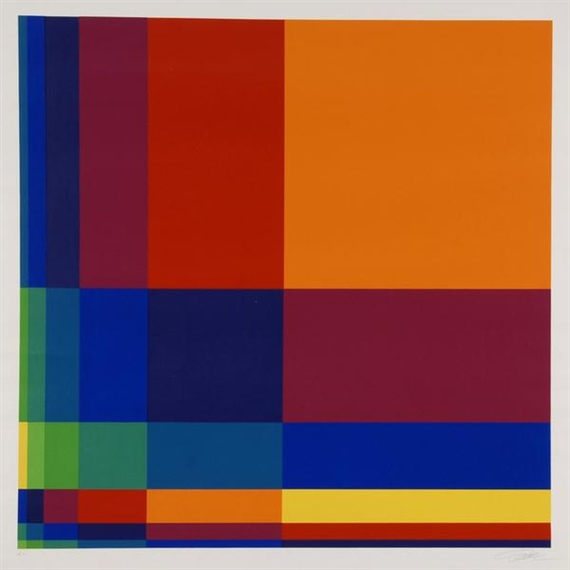 Sechs vertikale systematische Farbreihen mit orangem Quadrat rechts oben, 1968 - Richard Paul Lohse