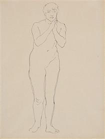 Female nude, standing, hands clasped at chin - Руперт Банни