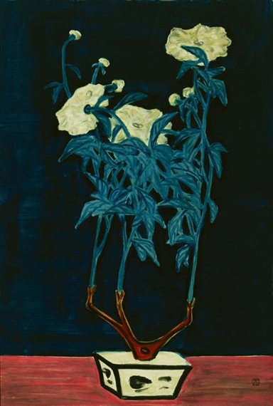 Potted Flowers in a Blue and White Jardiniere - Sanyu