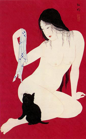 Woman and Kitten - 高橋松亭