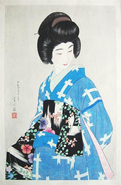 Preparing Her Sash (blue variant), 1933 - 鳥居清忠