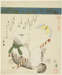 Cat Playing with a Toy Butterfly - Hokkei