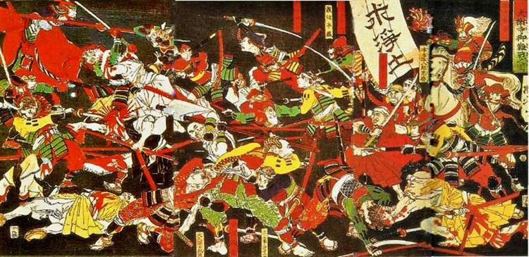 Tokugawa with help from the Jodo monks of the Daijuji temple in Okizaki, defeats the Ikkō ikki at the battle of Azukizaka - Tsukioka Yoshitoshi