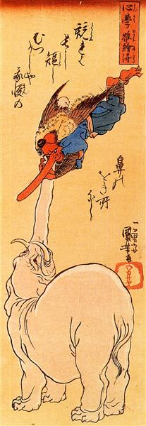 Elephant catching a flying tengu - Утагава Куниёси