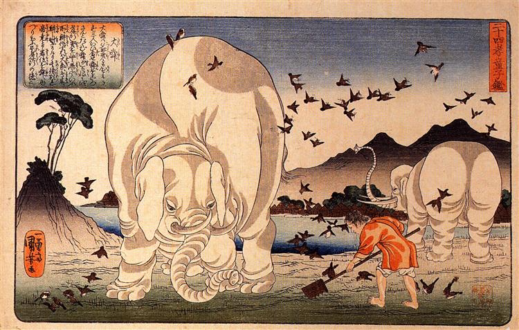 Thaishun with elephants - Утагава Куниёси