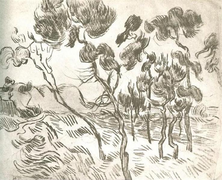 A Group of Pine Trees near a House, 1889 - Винсент Ван Гог