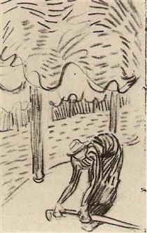 A Woman Picking Up a Stick in Front of Trees - 梵谷