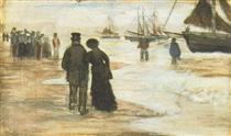 Beach with People Walking and Boats - Винсент Ван Гог