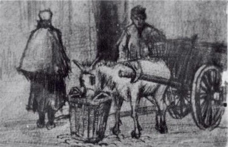 Donkey Cart with Boy and Scheveningen Woman, 1882 - 梵谷