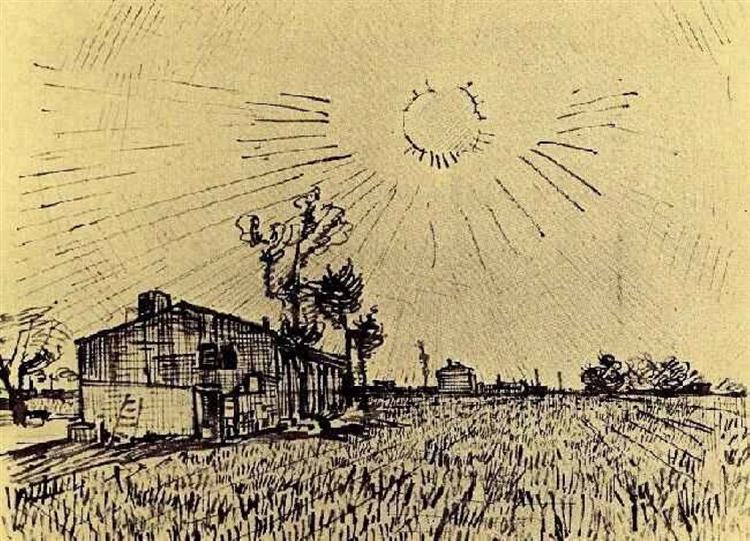 Field with Houses under a Sky with Sun Disk, 1888 - Винсент Ван Гог