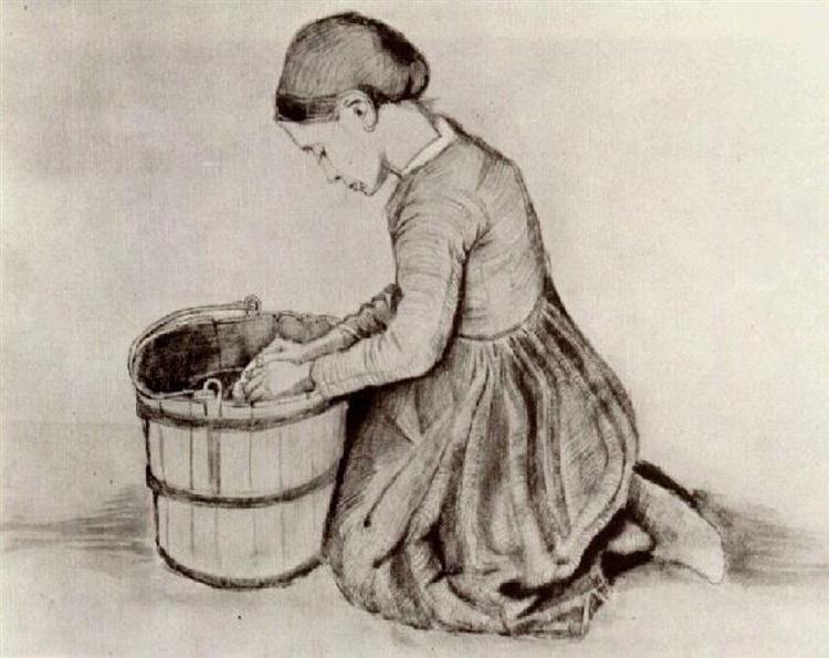 Girl Kneeling in Front of a Bucket, 1881 - 梵谷