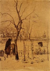 Parsonage Garden in the Snow with Three Figures - Винсент Ван Гог
