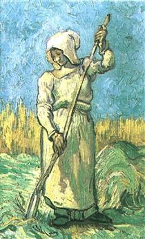 Peasant Woman with a Rake after Millet - 梵谷