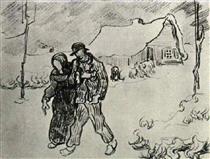 People Walking in Front of Snow-Covered Cottage - Vincent van Gogh
