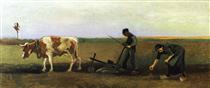 Ploughman with Woman Planting Potatoes - Vincent van Gogh