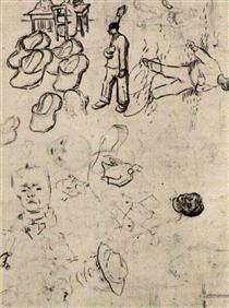 Sheet with Figures at a Table, a Sower, Clogs, etc - Винсент Ван Гог