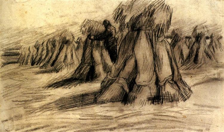 Stooks and a Peasant Stacking Sheaves, 1885 - Vincent van Gogh