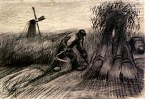 Wheatfield with Reaper and Peasant Woman Binding Sheaves - Винсент Ван Гог