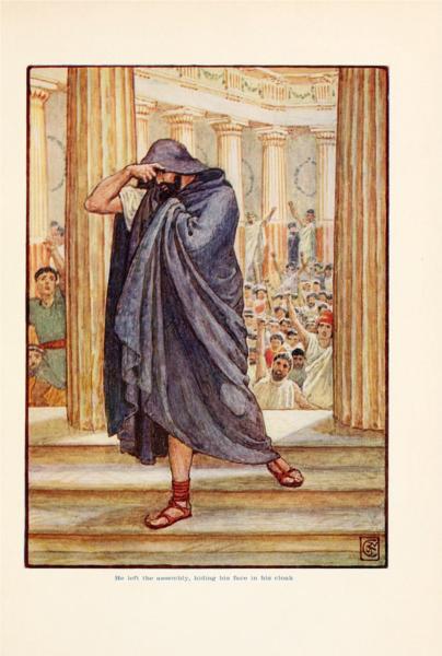 He lefts assembly, hiding his face in his cloak - Walter Crane