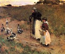Old Woman with Child and Goose - Willard Metcalf