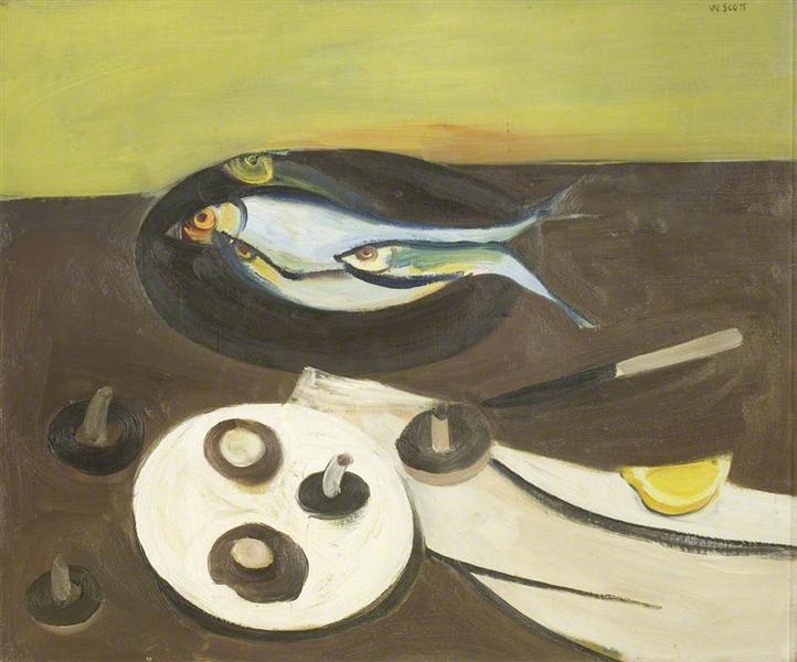 Fish, Mushrooms, Knife and Lemons, 1950 - Уильям Скотт