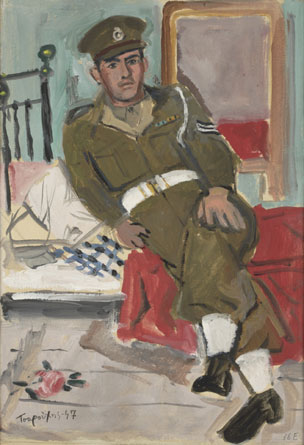Gendarmerie sitting on bed with a fallen rose, c.1947 - c.1948 - Янис Царухис