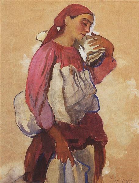 A peasant woman with rolls of canvas on her shoulder and in her hands, 1916 - 1917 - Zinaïda Serebriakova