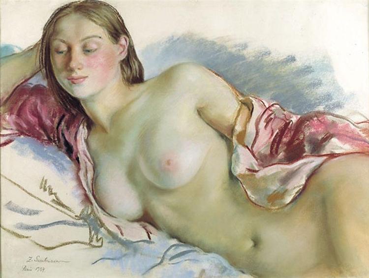 Reclining Nude with cherry mantle, 1934 - Zinaïda Serebriakova