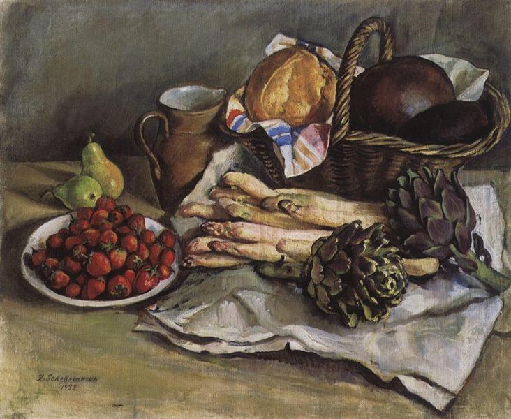 Still life with asparagus and strawberries, 1932 - Zinaida Serebriakova